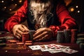 Close-up of Santa Claus playing poker at the table. Christmas background, close up of poker player with playing cards and chips at Royalty Free Stock Photo