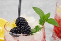 Closeup of a glass of fruit juice, succulent blackberries, green sappy leaves of mint on a light blurred background. Royalty Free Stock Photo