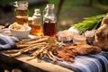 close-up of sarsaparilla root and ingredients on a picnic table Royalty Free Stock Photo
