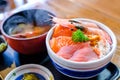 Close up sashimi served fresh Salmon set with hot  miso soup on tray Royalty Free Stock Photo