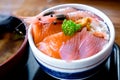 Close up sashimi served fresh Salmon set with hot  miso soup on tray Royalty Free Stock Photo