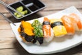 Close up of sashimi sushi set with chopsticks Royalty Free Stock Photo