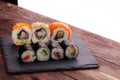 close up of sashimi sushi set with chopsticks and soy Royalty Free Stock Photo