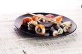 close up of sashimi sushi set with chopsticks and soy Royalty Free Stock Photo