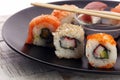 close up of sashimi sushi set with chopsticks and soy Royalty Free Stock Photo