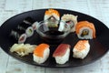 close up of sashimi sushi set with chopsticks and soy Royalty Free Stock Photo