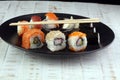 close up of sashimi sushi set with chopsticks and soy Royalty Free Stock Photo