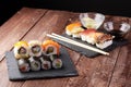 close up of sashimi sushi set with chopsticks and soy Royalty Free Stock Photo