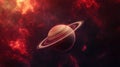 A close up of a saturn in outer space with red and orange stars, AI Royalty Free Stock Photo
