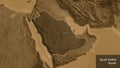 Saudi Arabia border shape overlay. Outlined. Sepia elevation. La Royalty Free Stock Photo