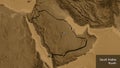 Shape of Saudi Arabia. Bevelled. Sepia elevation. Labels Royalty Free Stock Photo