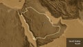 Shape of Saudi Arabia. Glowed. Sepia elevation. Labels Royalty Free Stock Photo
