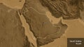 Shape of Saudi Arabia. Outlined. Sepia elevation. Labels Royalty Free Stock Photo