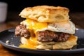 a close-up of a sausage and egg biscuit sandwich