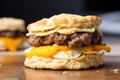 a close-up of a sausage and egg biscuit sandwich