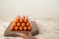 Close-up of sausages. Sausages on the blackboard and place for text. Boiled raw bavarian sausages and copy space Royalty Free Stock Photo