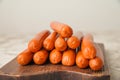 Close-up of sausages. Sausages on the blackboard and place for text. Boiled raw bavarian sausages and copy space Royalty Free Stock Photo