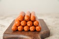 Close-up of sausages. Sausages on the blackboard and place for text. Boiled raw bavarian sausages and copy space Royalty Free Stock Photo