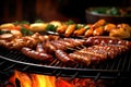 close-up of sausages sizzling on a bbq grill