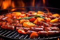 close-up of sausages sizzling on a bbq grill