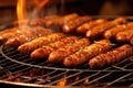 close-up of sausages sizzling on hot grill grates