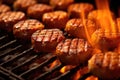 close-up of sausages sizzling on hot grill grates