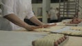 Close up for sausages wrapped in raw puff pastry at the bakery and a baker woman rolling out dough. Raw hot dogs rolled Royalty Free Stock Photo