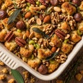 A close-up of a savory bread stuffing in a rectangular baking dish. The dish features a Royalty Free Stock Photo