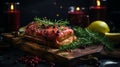 Close-up of savory meat roulade adorned with fresh herbs in elegant kitchen interior