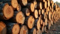 Close-up of sawed firewood stack featuring rustic wood surface, structure. Sunlight illuminates natural grain patterns, circular Royalty Free Stock Photo