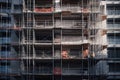 close-up of scaffolding with tools and materials nearby, on exterior of modern office building Royalty Free Stock Photo