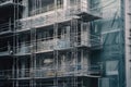 close-up of scaffolding with tools and materials nearby, on exterior of modern office building Royalty Free Stock Photo