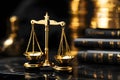 Close up of scales of justice. Scales for weighing, libra, justice isolated on gold black background Royalty Free Stock Photo