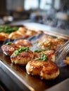 Close-up of scallops grilling with steam rising. Royalty Free Stock Photo