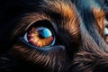 Close up of scared dog eye with fireworks reflection.