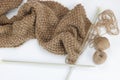 Close up of scarf knitted work , white background Royalty Free Stock Photo