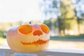 Close-up of scary carved pupkin outdoors