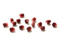 Close up of pomegranate seeds isolated on white - with copy space