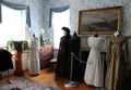 Close up scene of fashion and furniture inside historic Van Horn Mansion, Burt, New York, 2018