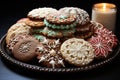 Close up scene featuring christmas cookies arranged in a swirl centered around a gingerbread house cookie, merry christmas images