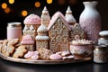 Close up scene featuring gingerbread house cookies on a vintage tray adorned with delightful miniature holiday figures and props,