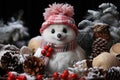 Close up scene a snowman with a chic winter ensemble accented by snow covered pinecones and berries, AI Generated Royalty Free Stock Photo