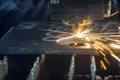 Close-up scene of gas cutting machine cutting  the metal plate. Royalty Free Stock Photo