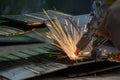 Close up scene the laser welding process by hand held laser welding machine Royalty Free Stock Photo