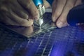 Close up scene of laser welding process by skill operator. Royalty Free Stock Photo