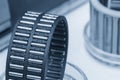 Close up scene the needle rolling bearing parts in light blue scene Royalty Free Stock Photo