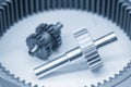 Close-up scene of planetary gear  gear part in the light blue scene. Royalty Free Stock Photo