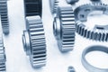 The close-up scene of transmission gear parts separation in the light blue scene. Royalty Free Stock Photo