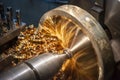 Close-up scene of turning chip of brass material .