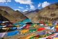 CLOSE UP: Scenic shot of turquoise colored Manak Dam Lake and prayer flags.